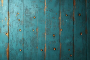 Poster - Vibrant blue wooden wall with rustic texture and shiny nails creating a unique visual effect