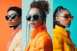© Odin AI - Trendy young adults model stylish sunglasses against vibrant backgrounds in a modern photoshoot