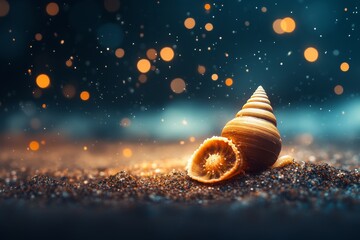 Poster - Beautiful seashell resting on sandy beach with sparkling twinkling lights at dusk