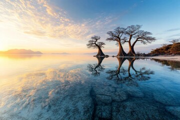 Wall Mural - Majestic baobab trees reflect in calm water at sunrise in a serene landscape