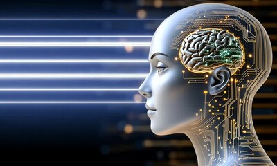 Poster - A humanoid figure with a visible brain showcases advanced technology, highlighting the connection between human intelligence and artificial systems