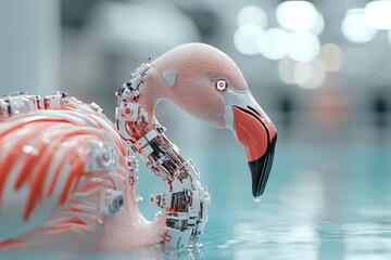 Poster - Robot flamingo creating a futuristic atmosphere in a serene aquatic environment