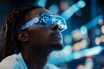 Poster - Innovative fashion statement featuring futuristic eyewear in a vibrant urban environment during nighttime