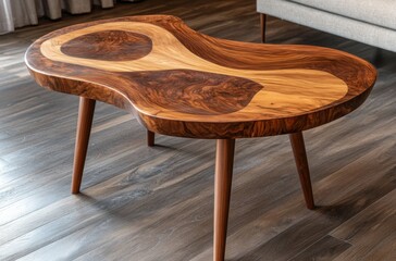Poster - A coffee table made of walnut wood, with an organic shape and visible grain patterns that give it a natural look. The legs have a simple design and add to the overall elegance of the piece.