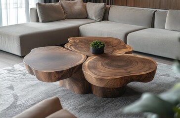 Poster - Unique and beautiful walnut coffee table with three tree trunk shaped tables placed in the center of an elegant living room showcases its organic shape, natural texture, warm lighting and soft colors.