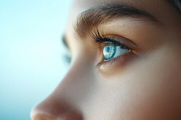 Poster - Captivating gaze of a young person against a soft blue background capturing attention and emotion