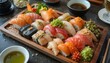 © Nata - Delicious sushi platter with vibrant colors served on wooden board, perfect for food lovers