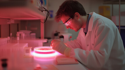 Poster - scientist conducts research in laboratory using illuminated petri dish for experiments on microbial 