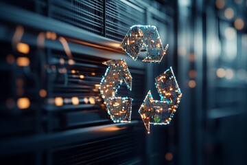 Poster - Modern technology symbolizes sustainability through a digital recycle icon on a server background