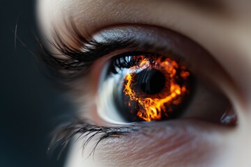 Poster - Unique close-up of a human eye showcasing a fiery design with vibrant colors and intricate details at a creative art event