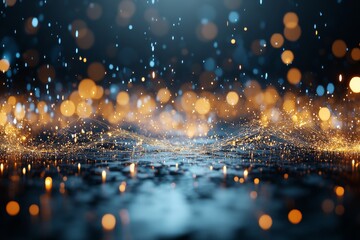 Poster - Dynamic display of shimmering water droplets illuminated by golden lights at night