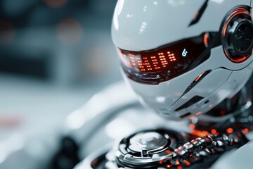 Poster - Futuristic robot head with glowing interface designed for advanced technology environment