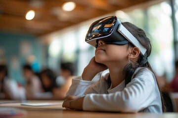 Poster - Young girl explores virtual reality in classroom while peers engage in learning activities