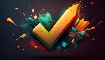 Poster - A vibrant 3D check mark bursts with colorful splashes, set against a dark background, symbolizing approval and success.