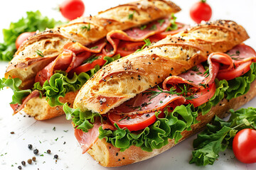 Wall Mural - Sandwich traditional bread tomato cheese and ham fried on white background isolate.