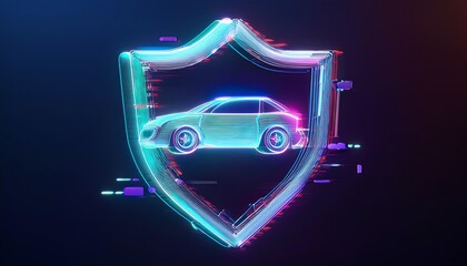 Poster - A futuristic car inside a glowing shield, representing digital protection and automotive security in a vibrant, neon style.