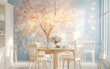 A bright and airy dining room with a glowing tree and soft pastel decor accents