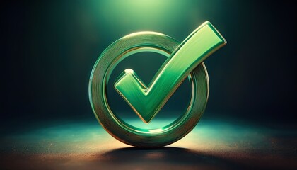 Poster - A shiny green checkmark inside a circular border, illuminated by soft lighting, symbolizing approval or validation in a modern design.