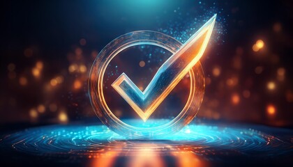 Poster - A glowing checkmark symbolizing approval and success, set against a vibrant, dynamic background with shimmering effects.