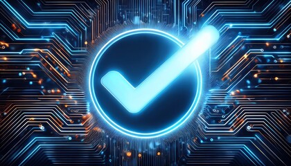 Poster - A glowing blue check mark icon on a circuit board background, symbolizing approval or completion in a digital context.