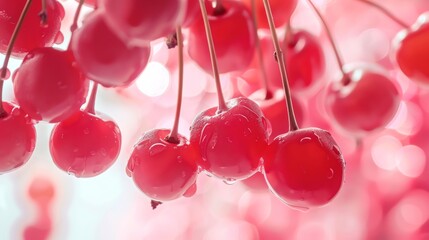 Poster - Close-up of vibrant red cherries hanging on a tree branch