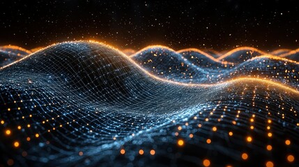 Poster - Abstract digital landscape with glowing waves and particles.