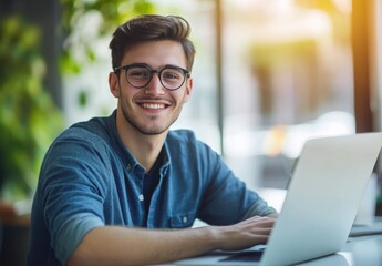Aufkleber - Smiling young man with glasses working on a laptop in a bright modern workspace surrounded by greenery, showcasing positive energy and productivity in a professional environment