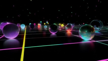 Poster - Colorful, glowing spheres rolling across a neon grid create a vibrant and futuristic atmosphere in a dark digital metaverse, enhancing the immersive experience of cyberspace