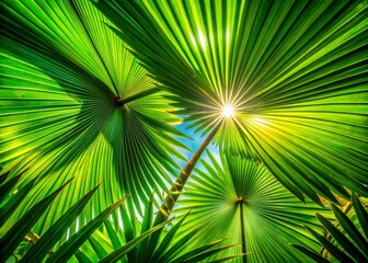 Wall Mural - Green Palm Leaves Sunlight Close Up Worm's Eye View Photography - Tropical Nature Image