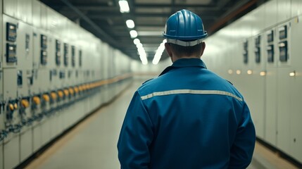 Poster - engineer in hard hat inspects electrical power and safety systems in industrial facility