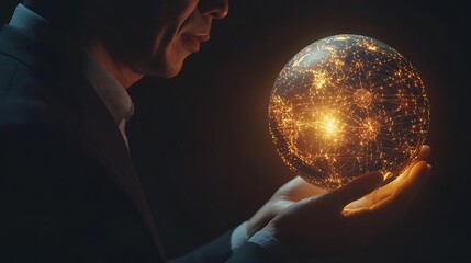 Man holding glowing digital earth globe.