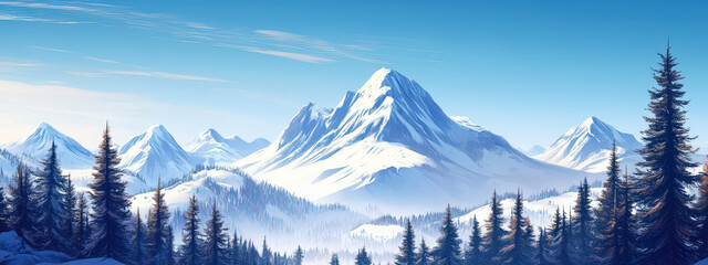Wall Mural - a mountain range with snow-covered peaks and trees in the foreground