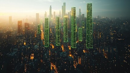 Poster - Futuristic cityscape with illuminated green skyscrapers.