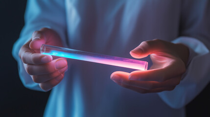 Poster - scientist conducts an experiment with a glowing test tube in a laboratory setting