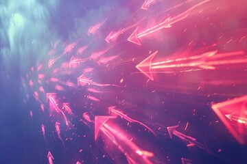 Poster - Abstract background with glowing arrows flying through pink clouds, representing concepts like progress, direction, and achievement