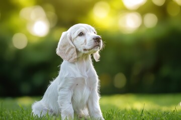 Poster - Cute white puppy sits on grass, looking up outdoors.