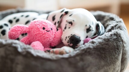 Aufkleber - Dalmatian puppy sleeps with pink plush toy in grey bed.