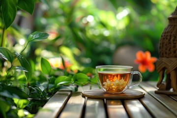 Poster - Herbal tea with flowers in glass cup on bamboo table, plants background.