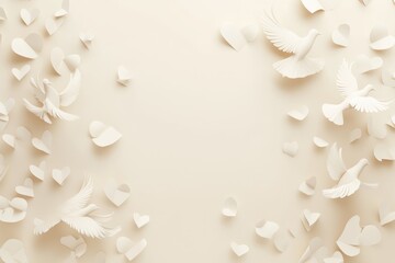 Poster - White paper doves and hearts on beige background.