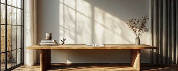 Poster - Minimalist Wooden Desk with Notebook and Pen Inspiring Productivity in Tranquil Home Office Space