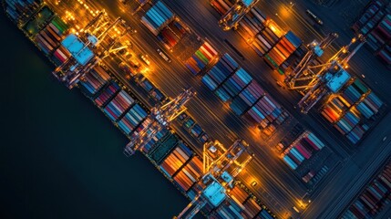 Poster - Aerial view of cargo ship at port at night.
