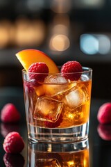 Poster - Cocktail with peach slice and raspberries over ice, dark background.