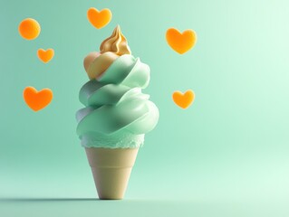 Poster - Mint-gold swirl ice cream with floating orange hearts.