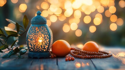 Aufkleber - Ornate lantern, fruit, beads on wood table.