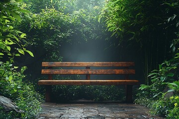 Wall Mural - Tranquil Outdoor Bench in Lush Bamboo Garden Offering Minimalist Serenity