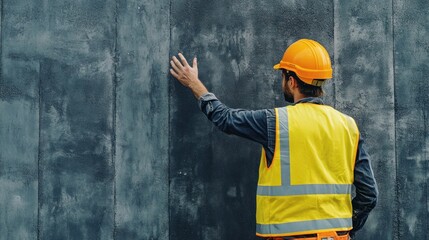 Poster - Worker touches rough wall.