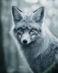 Poster - Fox portrait with piercing gaze, misty forest background.