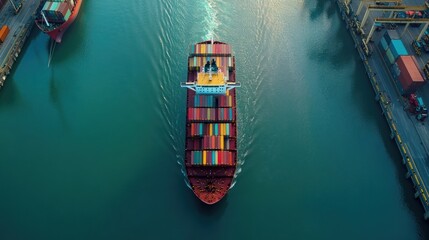 Poster - Cargo ship moving through port canal.