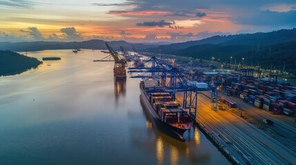 Poster - Port with ship loading during sunset.