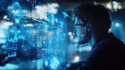 Fototapete - Man views data on futuristic display.